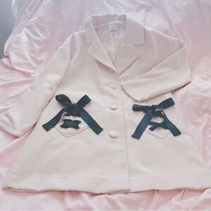 AnkRouge Jirai kei Ryosan Kawaii Cream Coat w Black Ribbons and Heart Pockets